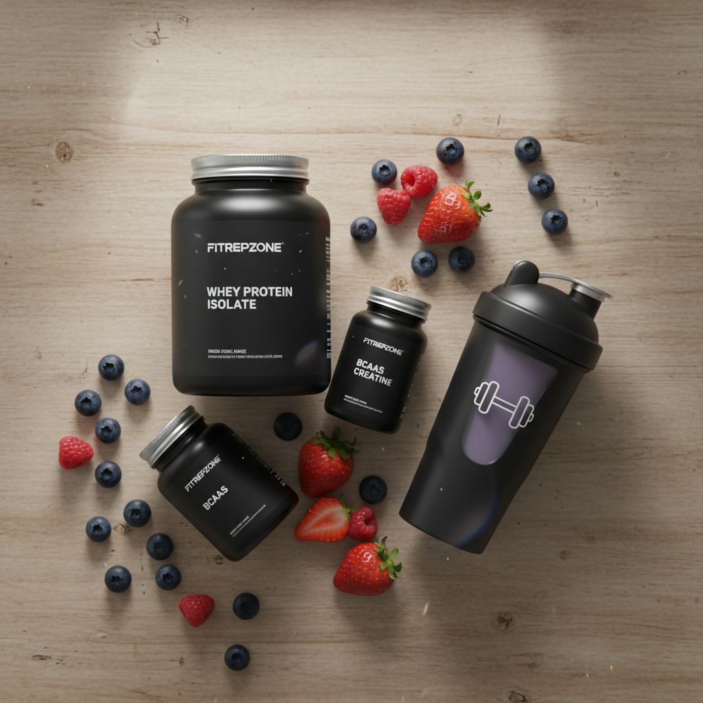 Fitness supplements including protein powder and shaker bottles on a wooden surface with berries.